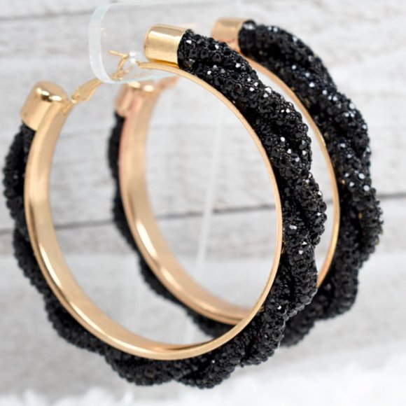 3" Boho Braid Twist Black Rhinestone Hoop Earrings - Picture 5 of 12